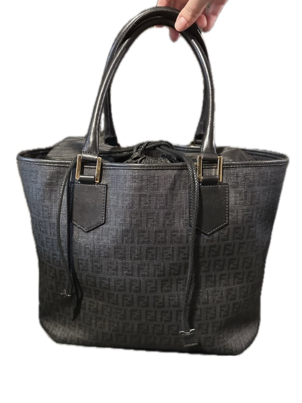 Fendi Black Zucca Logo-Embossed Leather Tote